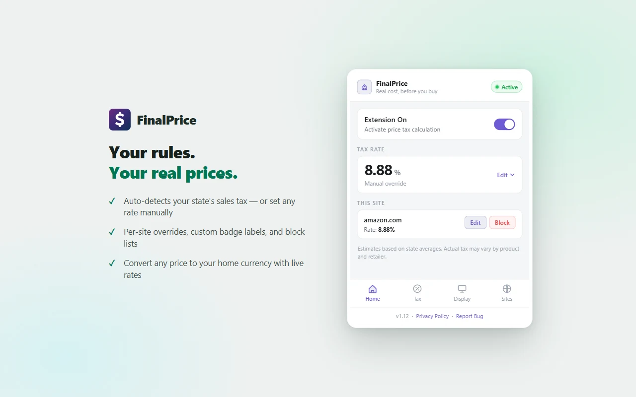 FinalPrice popup with tax rate, currency, and per-site settings
